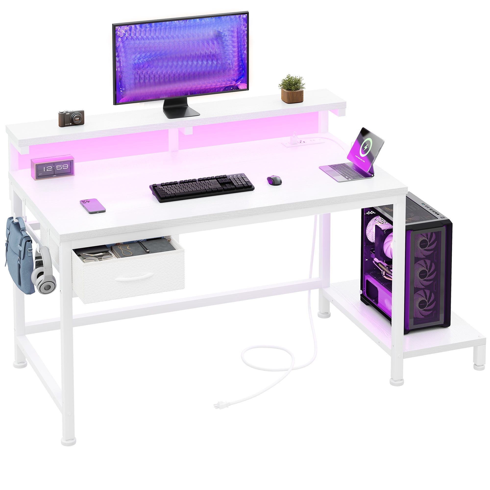Romorgniz, Gaming Desk, with Power Outlet, RGB LED Lights, Black