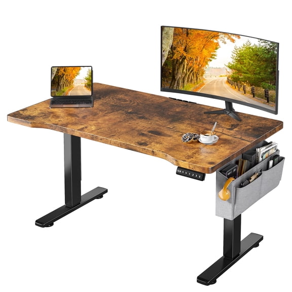 Romorgniz Standing Desk Electric Adjustable Height Desks with LED, Computer Desk with 3 Memory Preset, Sit Stand Up Desks with Side Pocket and Cable Management, Rustic Brown