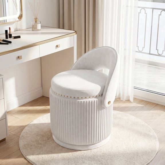 Romorgniz Storage Chair Upholstered Vanity Stool Small Vanity Chair for Bedroom Velvet Swivel Accent Chair, White