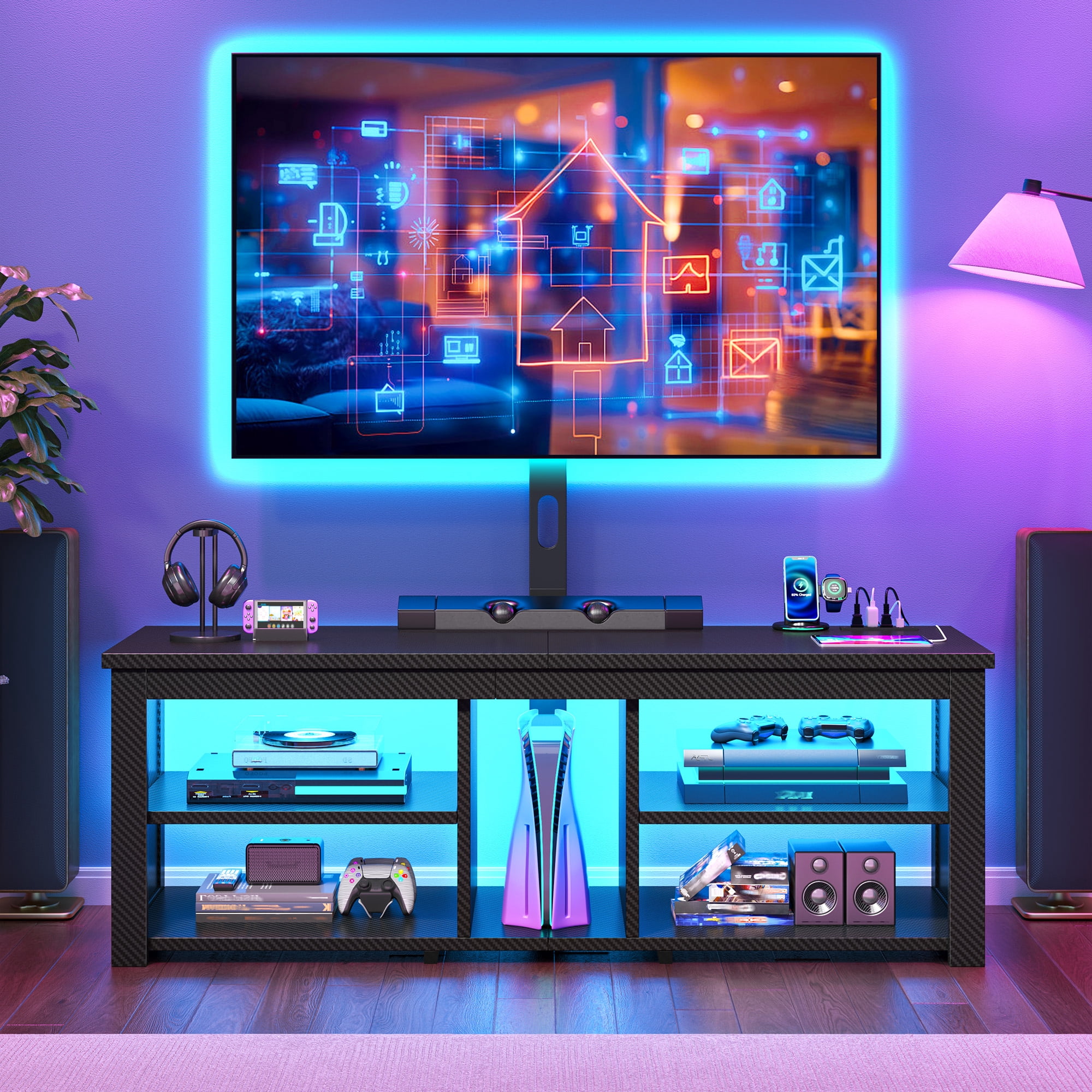 Romorgniz TV Stand with Mount & LED Lights for 70 inch TVs, Swivel Entertainment Center with Power Outlet, Carbon Fiber Black
