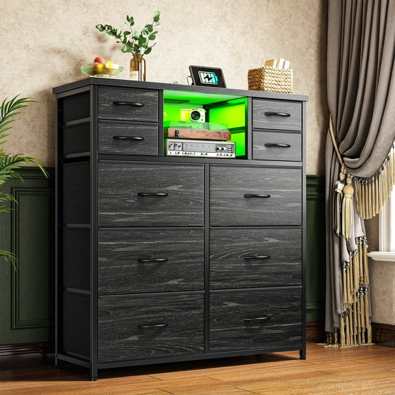 Romorgniz Tall Dresser for Bedroom with 10 Drawers Featuring LED Lights & Power Outlet Fabric Dressers & Chest of Drawers with Open Shelves, Black