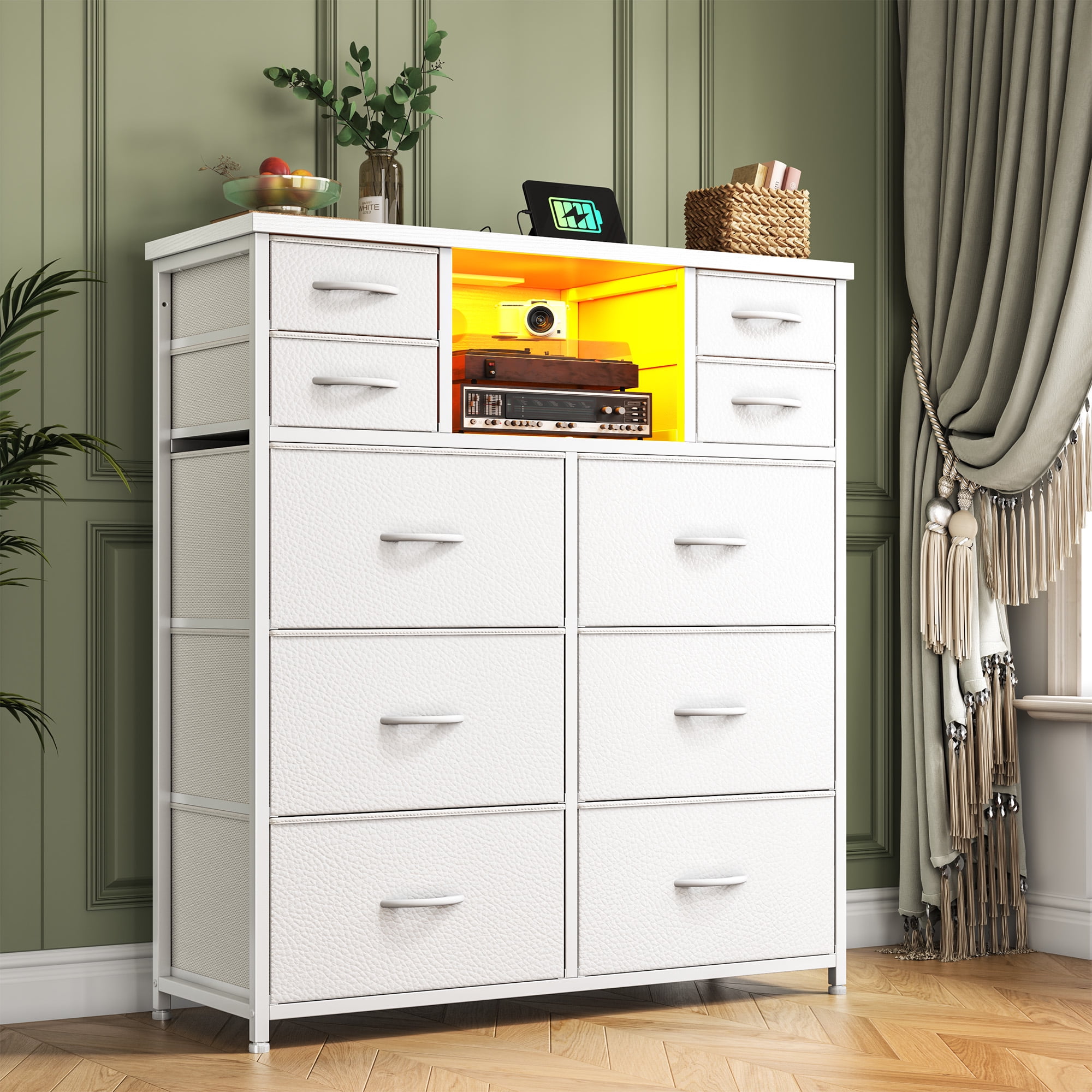 Romorgniz Tall Dresser for Bedroom with 10 Drawers Featuring LED Lights & Power Outlet Fabric Dressers & Chest of Drawers with Open Shelves, White