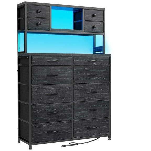 Romorgniz Tall Dresser for Bedroom with 14 Fabric Drawers Black Dresser with Charging Station and LED Lights