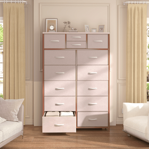 Tall Dresser for Bedroom with Fabric Drawers Dressers & Chests of Drawers for Closet, Sturdy Metal Frame, Wood Top, Pink