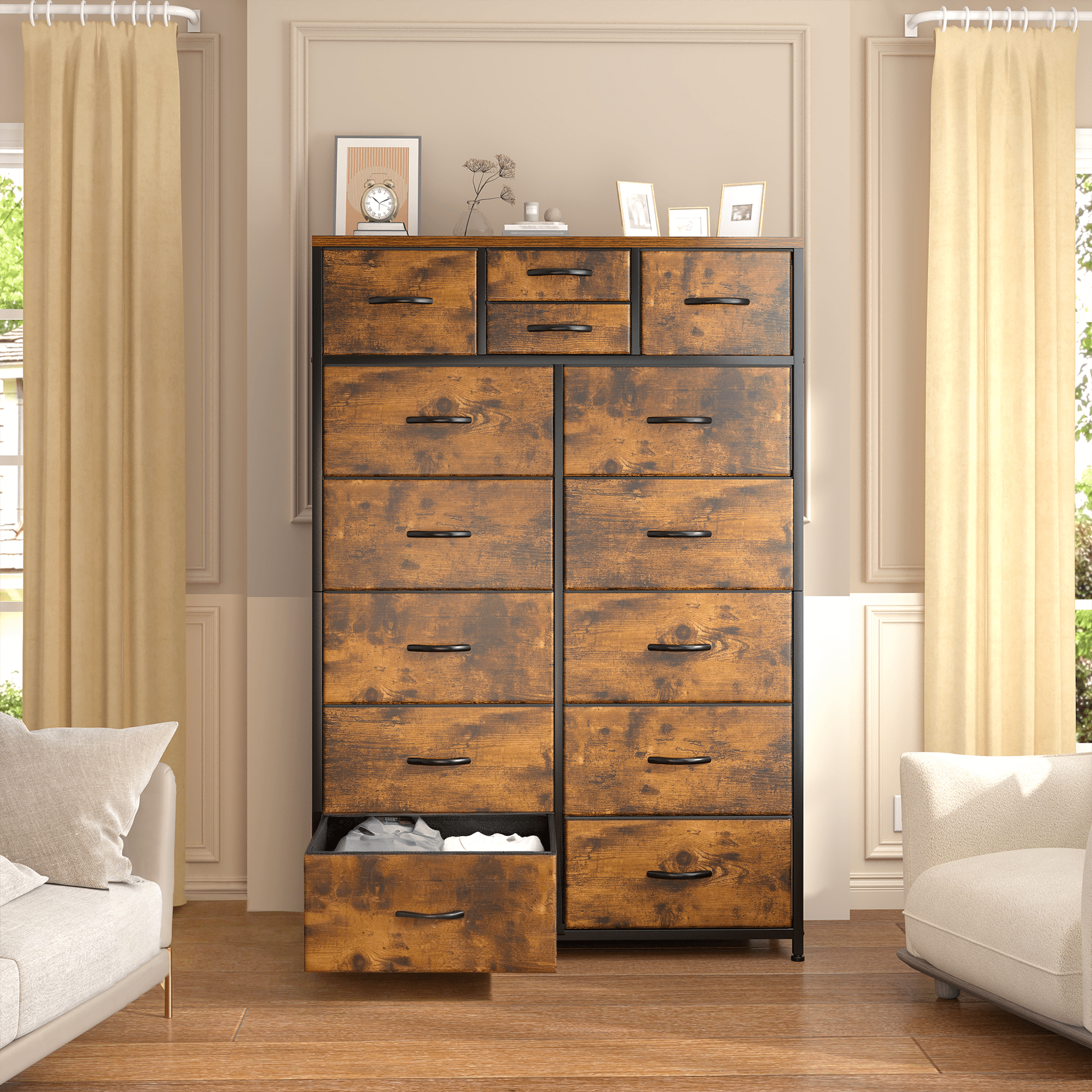 Tall Dresser for Bedroom with Fabric Drawers Dressers & Chests of Drawers for Closet, Sturdy Metal Frame, Wood Top, Rustic Brown