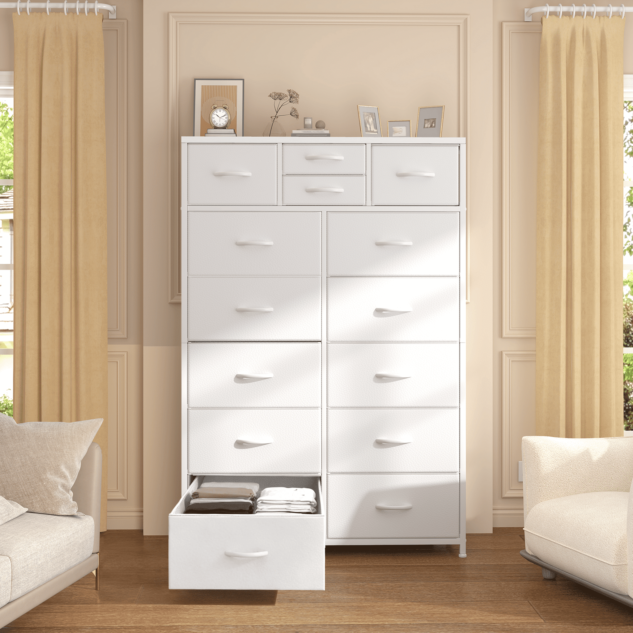 Tall Dresser for Bedroom with Fabric Drawers Dressers & Chests of Drawers for Closet, Sturdy Metal Frame, Wood Top, White