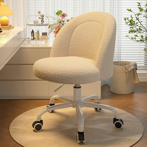 Romorgniz Vanity Chair Height Adjustable Desk Chair with Wheels, Armless Office Chair with Soft Lumbar Support for Small Space, Bedroom, Home office, Cream