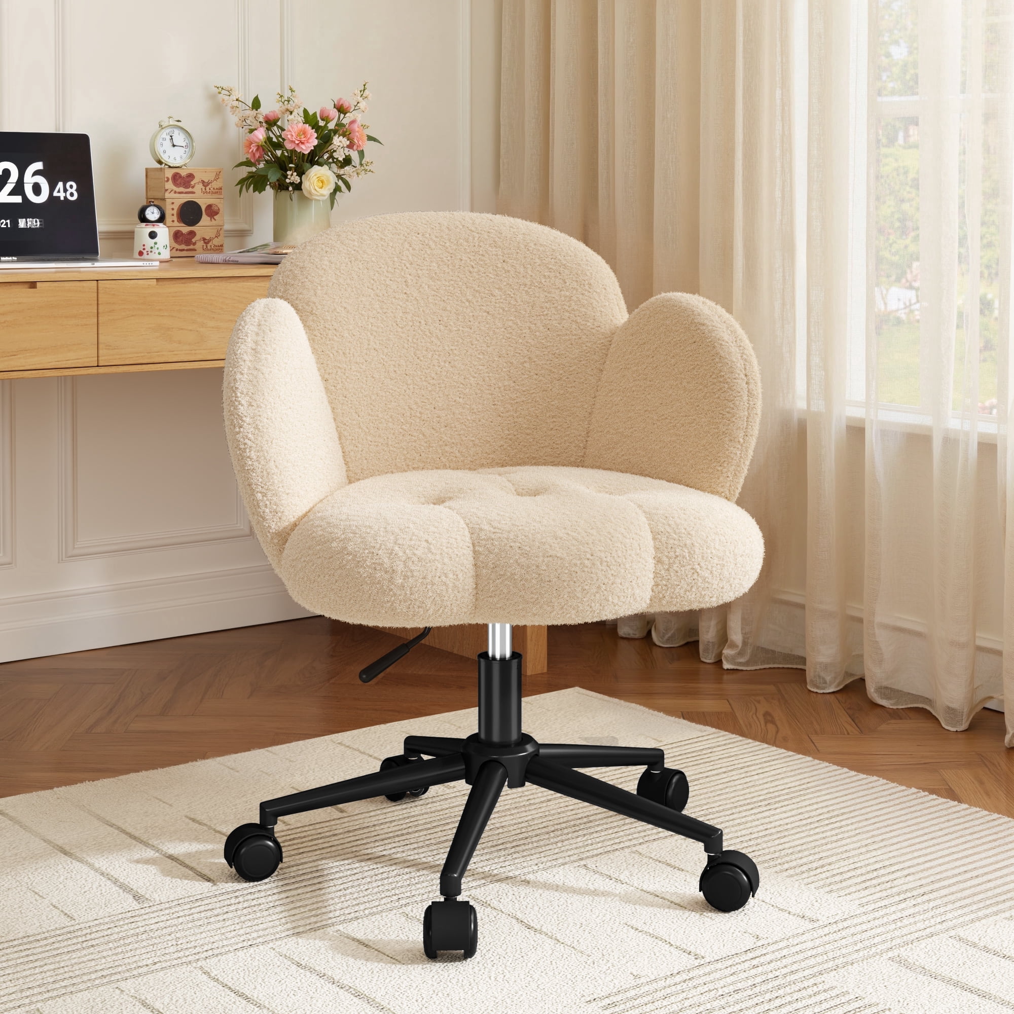 Romorgniz Vanity Chair with Back & Wheels Upholstered Desk Chair Height Adjustable Teddy Velvet Computer Task Chairs for Home Office, Beige