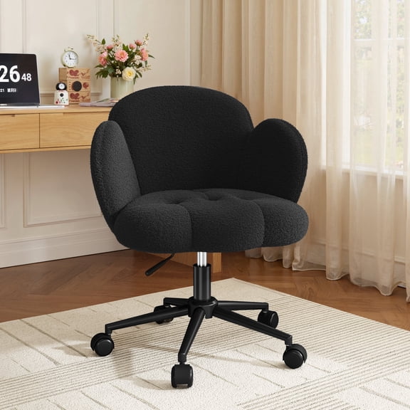 Romorgniz Vanity Chair with Back & Wheels Upholstered Desk Chair Height Adjustable Teddy Velvet Computer Task Chairs for Home Office, Black