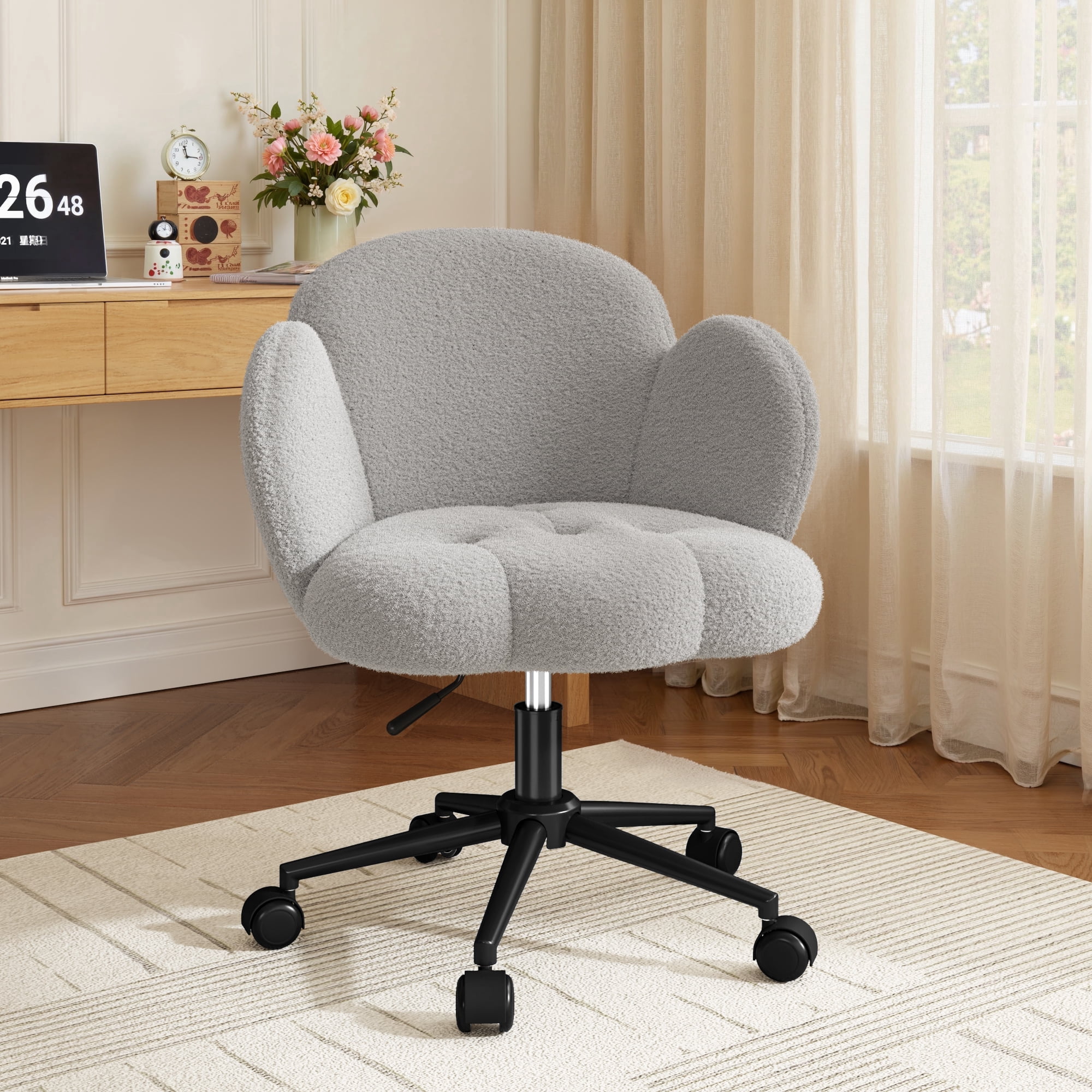 Romorgniz Vanity Chair with Back & Wheels Upholstered Desk Chair Height Adjustable Teddy Velvet Computer Task Chairs for Home Office, Gray
