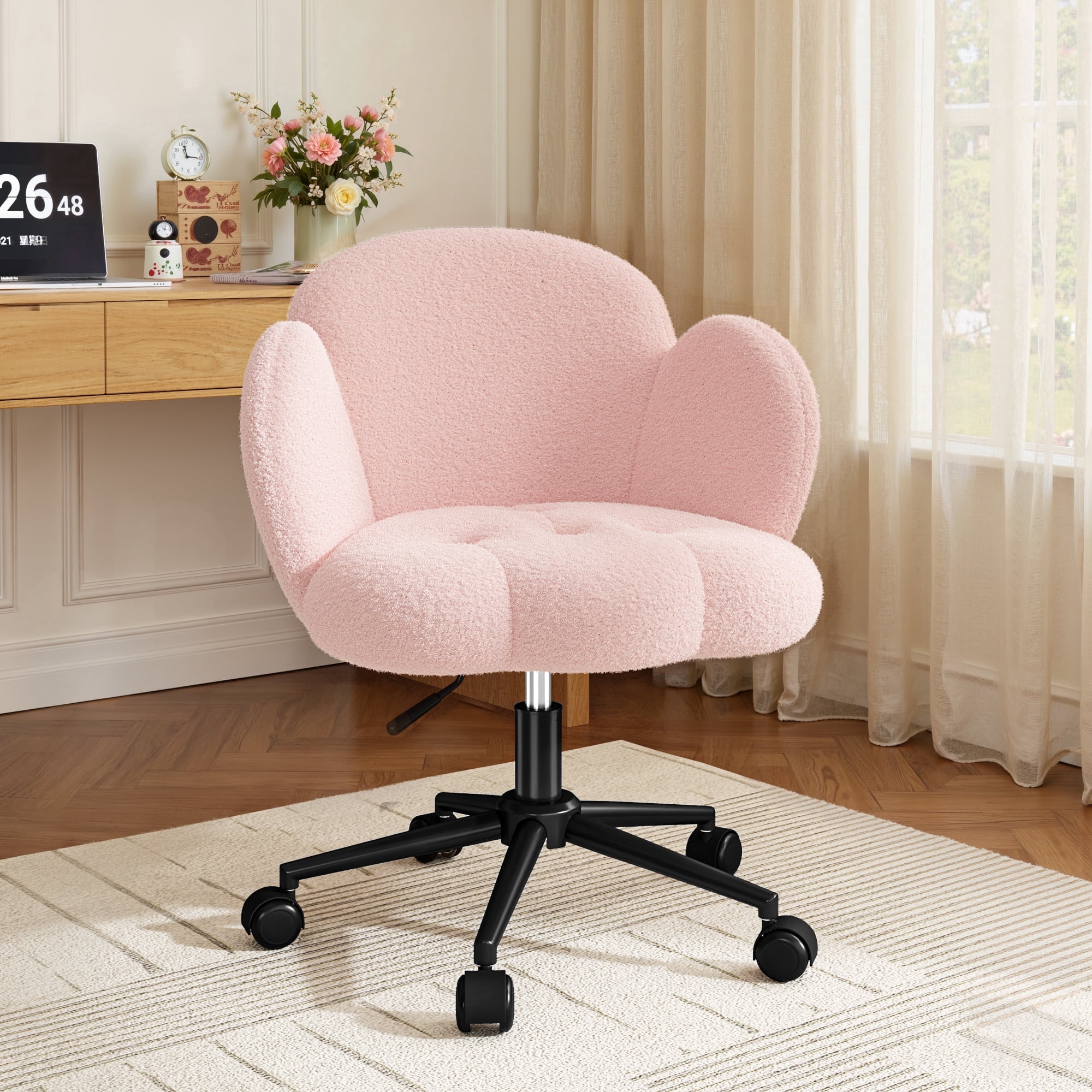 Romorgniz Vanity Chair with Back & Wheels Upholstered Desk Chair Height Adjustable Teddy Velvet Computer Task Chairs for Home Office, Pink