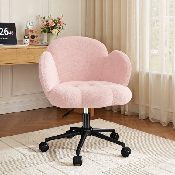 Romorgniz Vanity Chair with Back & Wheels Upholstered Desk Chair Height Adjustable Teddy Velvet Computer Task Chairs for Home Office, Pink