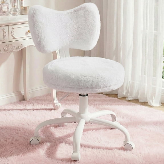 Romorgniz Vanity Chair with Wheels & Adjustable Height Desk Chair with Cute Bow Backrest Comfy Makeup Chair for Home Office, White