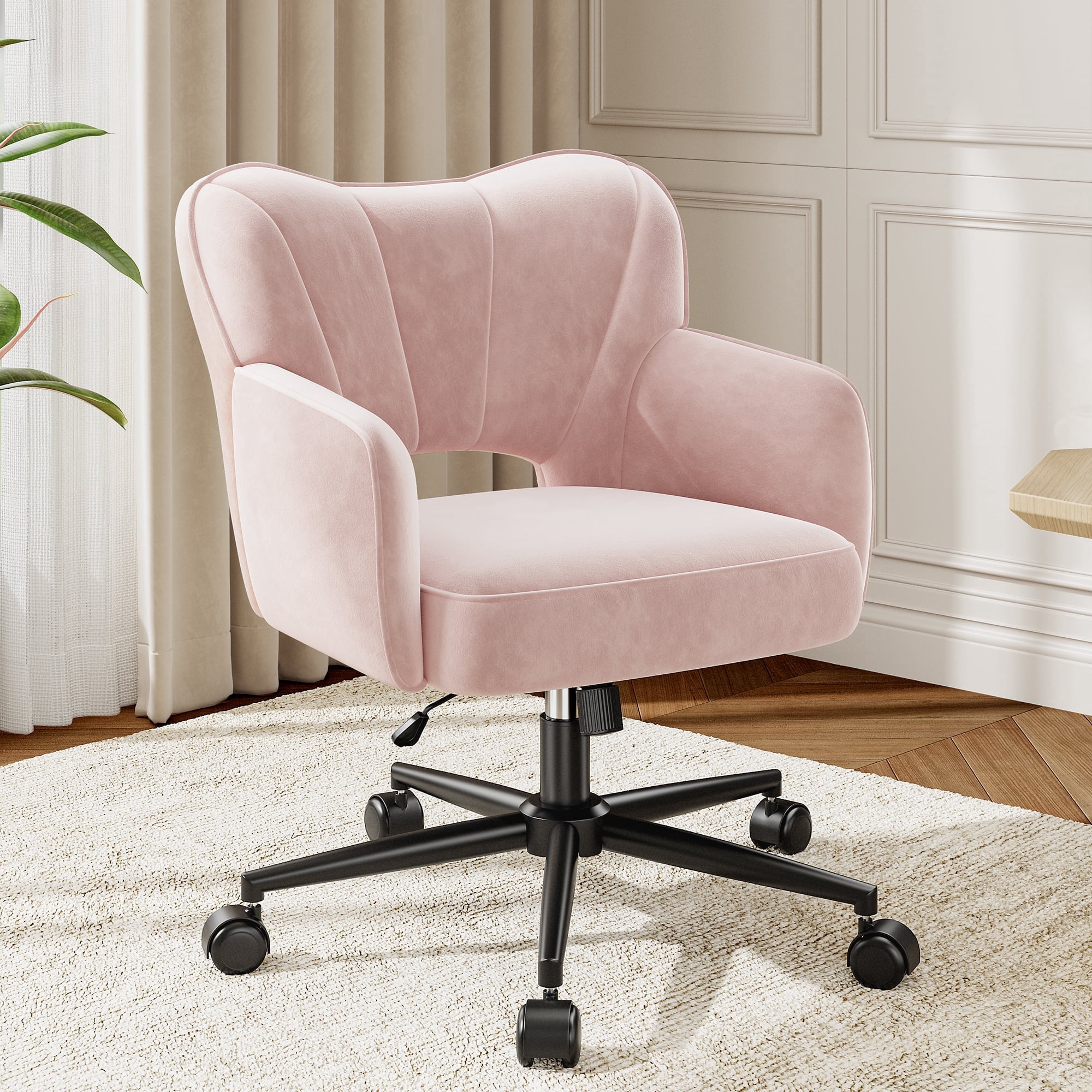 Romorgniz Vanity Chair with Wheels & Back Desk Chair Adjustable Height for Makeup, Work & Relaxation, Pink