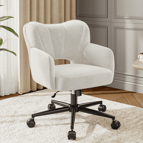 Romorgniz Vanity Chair with Wheels & Back Desk Chair Adjustable Height for Makeup, Work & Relaxation, White