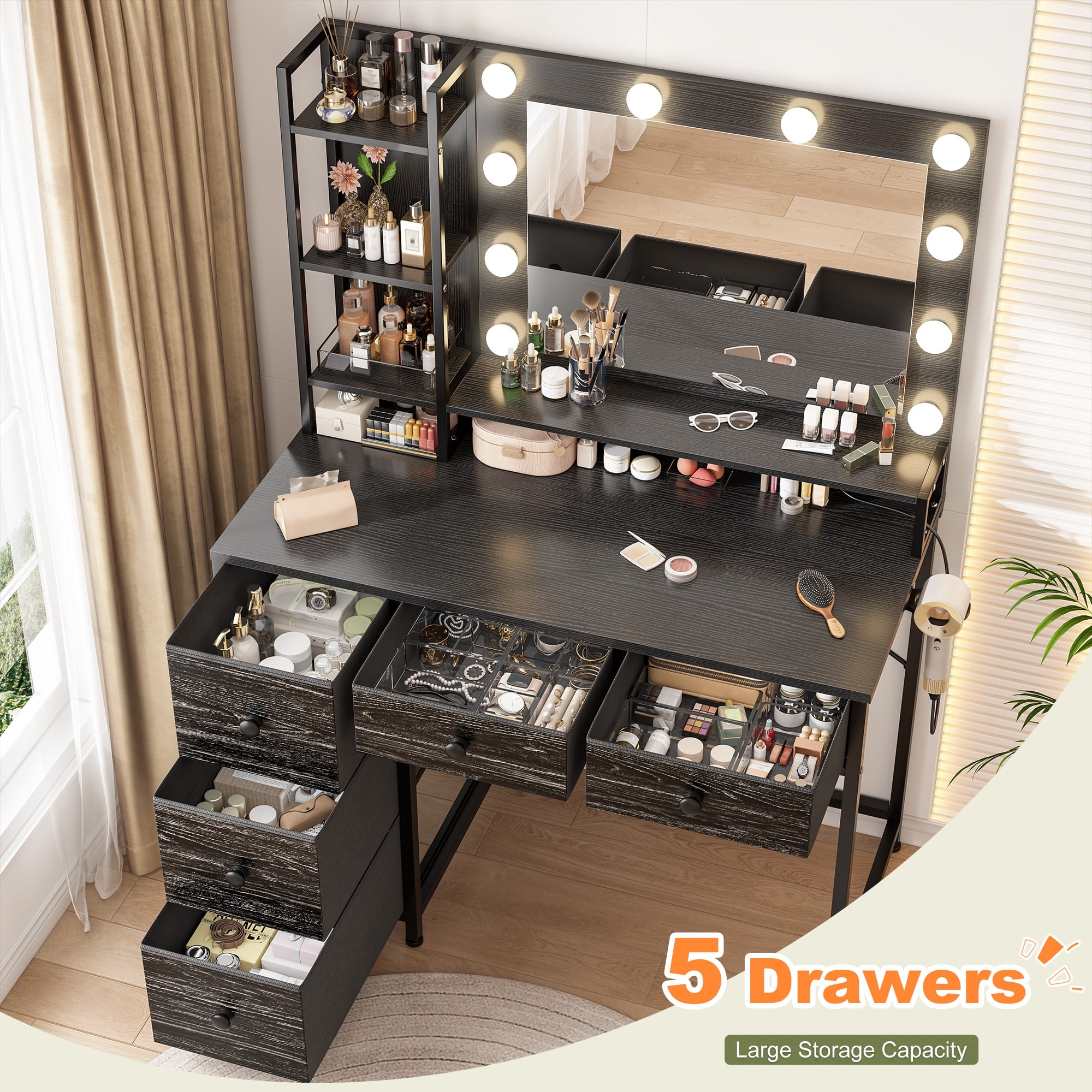 Romorgniz Vanity with Mirror and Lights Vanity Desk with 5 Drawers and Storage Shelves Makeup Dressing Table with Power Outlet & USB,Black