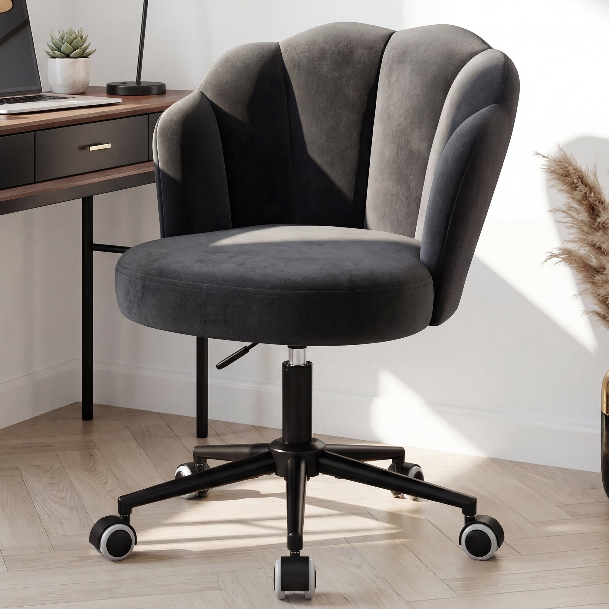 Romorgniz Velvet Vanity Chair with Petal Backrest Height Adjustable Desk Chair with Wheels Seashell Makeup Chair for Bedroom, Black