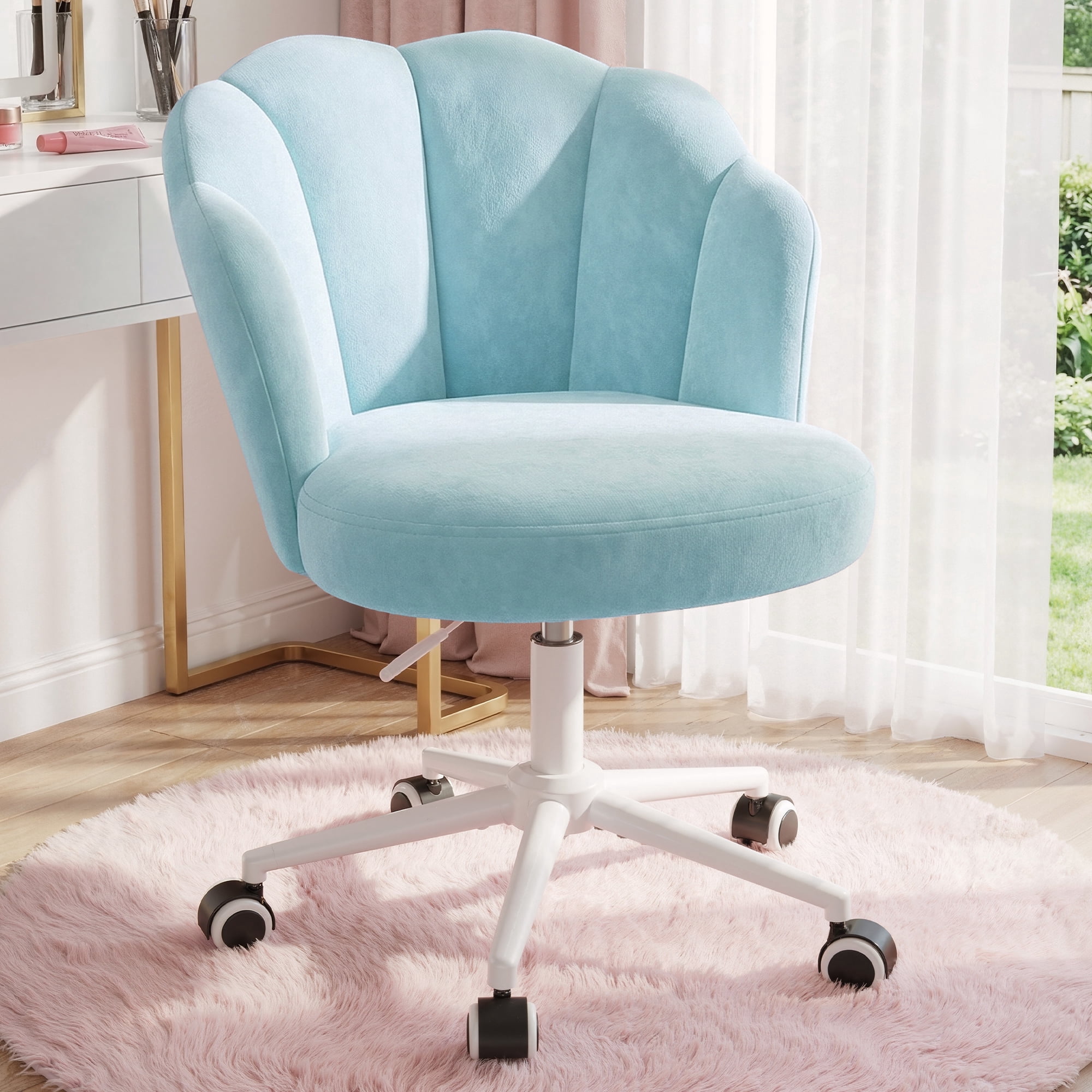 Romorgniz Velvet Vanity Chair with Petal Backrest Height Adjustable Desk Chair with Wheels Seashell Makeup Chair for Bedroom, Blue