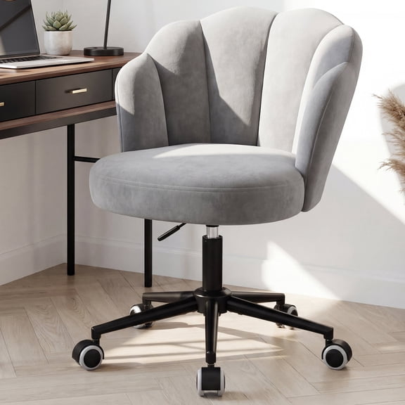 Romorgniz Velvet Vanity Chair with Petal Backrest Height Adjustable Desk Chair with Wheels Seashell Makeup Chair for Bedroom, Gray