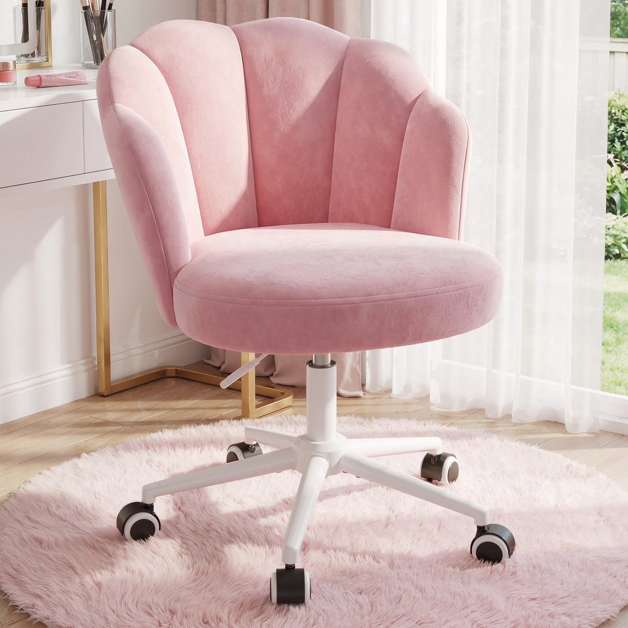 Romorgniz Velvet Vanity Chair with Petal Backrest Height Adjustable Desk Chair with Wheels Seashell Makeup Chair for Bedroom, Pink