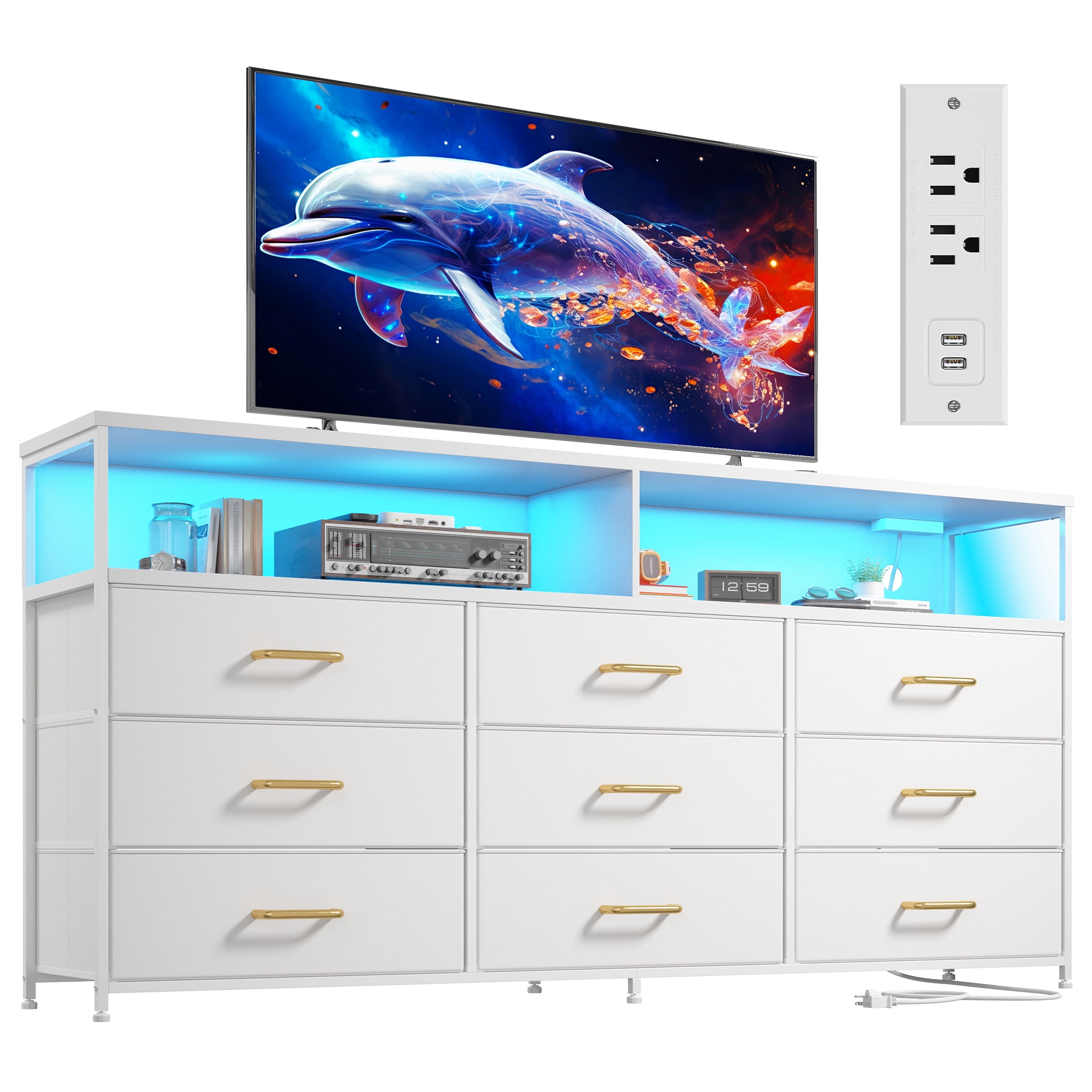 Romorgniz White 9-Drawer Wide Dresser with Power Outlet & LED Lights, Fabric Chest of Drawers for Bedroom,TV Stand for 65"Screens​