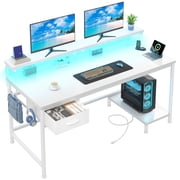 Romorgniz White Computer Desk with Power Outlet & Fabric Drawer, Home Office Desk with LED Lights, Adjustable Monitor Stand & CPU Holder for Small Spaces