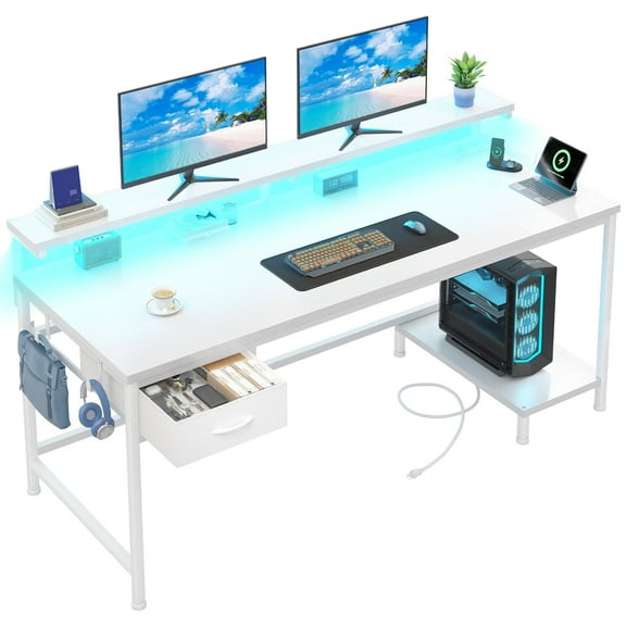 Romorgniz White Computer Desk with Power Outlet & Fabric Drawer, Home Office Desk with LED Lights, Adjustable Monitor Stand & CPU Holder for Small Spaces