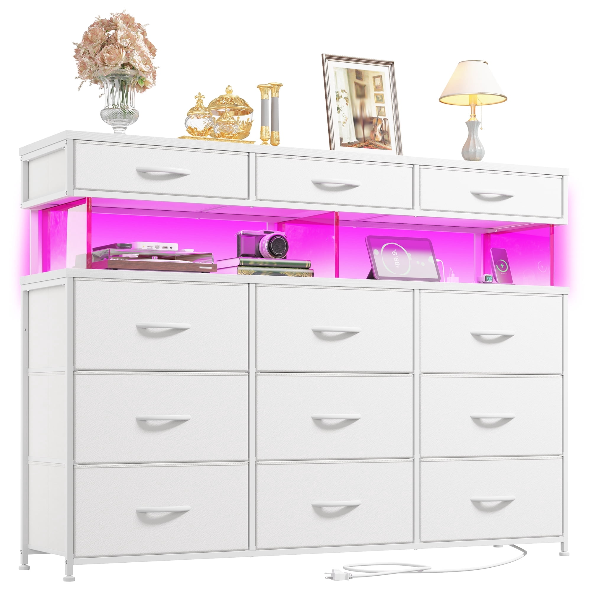 Romorgniz White Dresser for Bedroom with 12 Fabric Drawers Wide Dresser with LED Lights & Charging Station Chest of Drawers with Acrylic Sheet