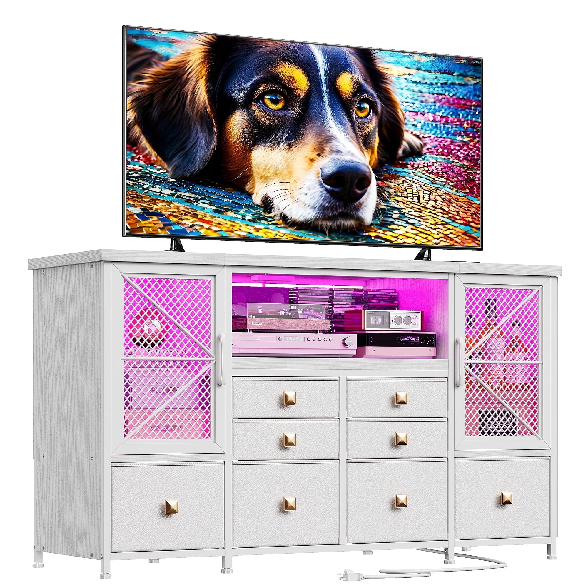 Romorgniz White Dresser for Bedroom with 8-Drawers,TV Stand for 60"TV with LED Lights & Power Outlets,Mesh Door