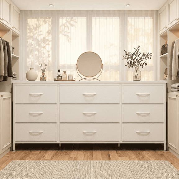 Romorgniz White TV Stand for 60 inch TV Dressers for Bedroom with 9 Fabric Drawers Wide Dresser for Living Room, Sturdy Metal Frame & Wood Top