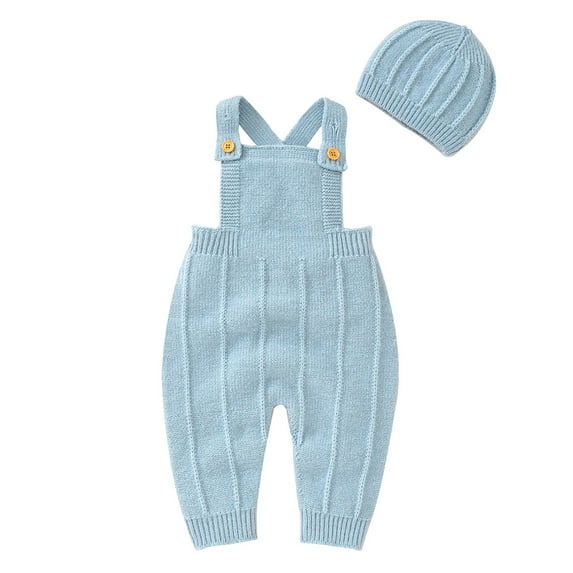 Romper Baby Boy Sleeveless Cotton Knit Soild Color Rompers Fall Winter Warm Thick Jumpsuit Outfit for Infant Toddler Girl 2 Piece Hat and Bodysuit Set(Light Blue,80 12 Months)