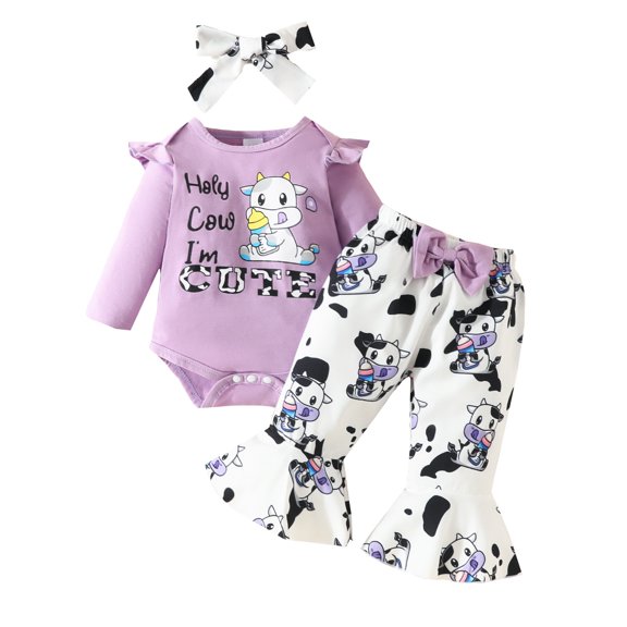 Romper Baby Unisex Clothing Girls Long Sleeve Romper Bodysuit Cartoon Dairy Cow Prints Bell Bottoms Pants Outfits(Purple,12-18 Months)