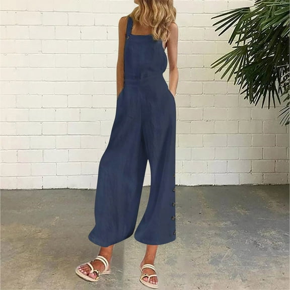 Romper 1 piece short jumpsuit Women's Casual Solid Color Pocket Side Buckle Loose Wide Leg Jumpsuit
