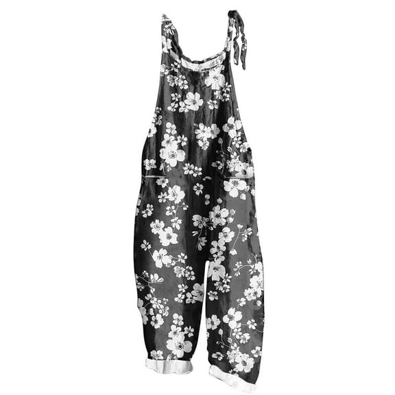 Romper Dress with Shorts Underneath Linen Floral Jumpsuits for Women Loose Casual Summer Rompers Boho Rompers Wide Leg Bib Overall with Pockets Flowy Rompers for Women Black L