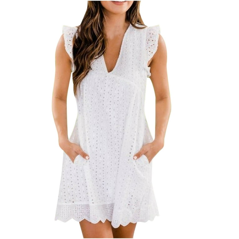 Romper Dress with Shorts Summer V Neck Cotton Short Skirt Solid