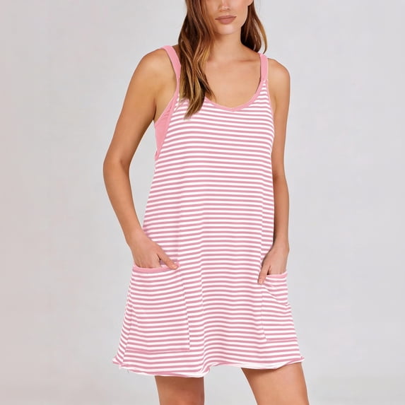 Women's Summer Striped Athletic Dress with Built-in Shorts Front Pockets (Pink,S)