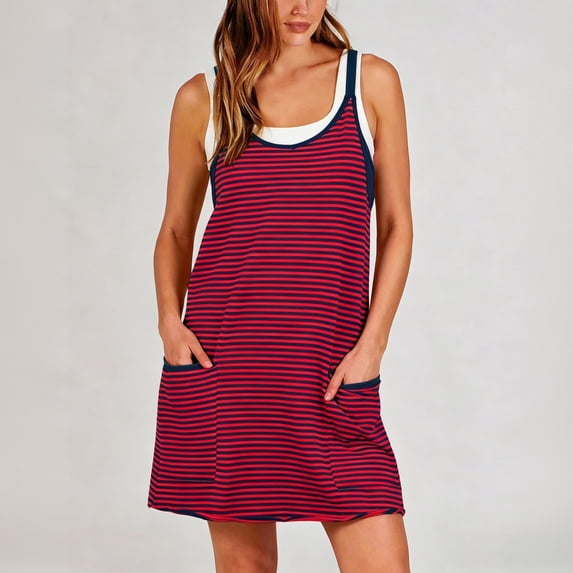 Women's Summer Striped Athletic Dress with Built-in Shorts Front Pockets (Wine,L)