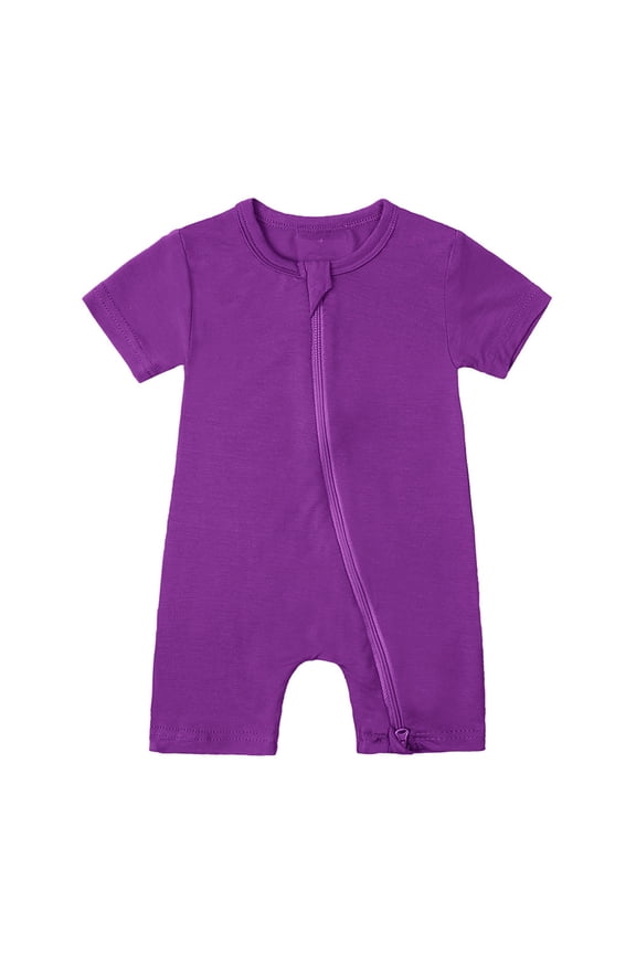 Romper Jumpsuit Baby Short Sleeve Romper Zipper Solid Sleeper Jumpsuit Bamboo Soft Bodysuit Casual Summer Outfit Dark Purple 0M-3M