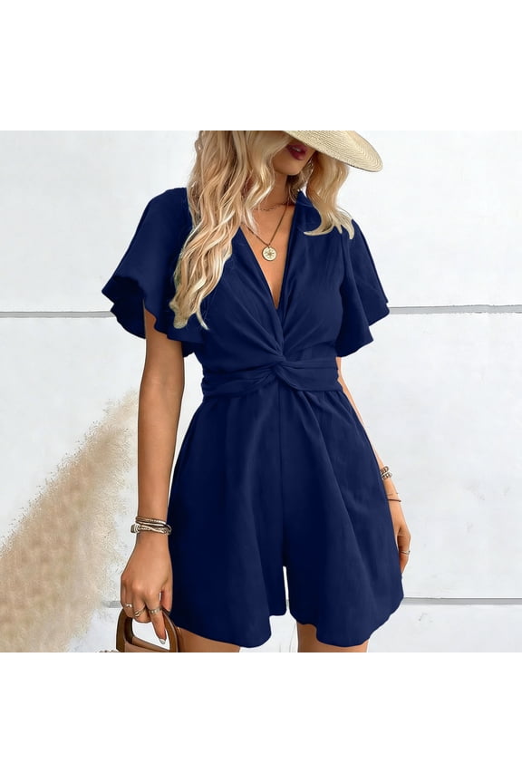 Romper Shorts Womens Ruffle Rompers Stretchy Wrap V Neck Short Jumpsuit, Flowy Casual Summer Beach Vacation Wear Navy L