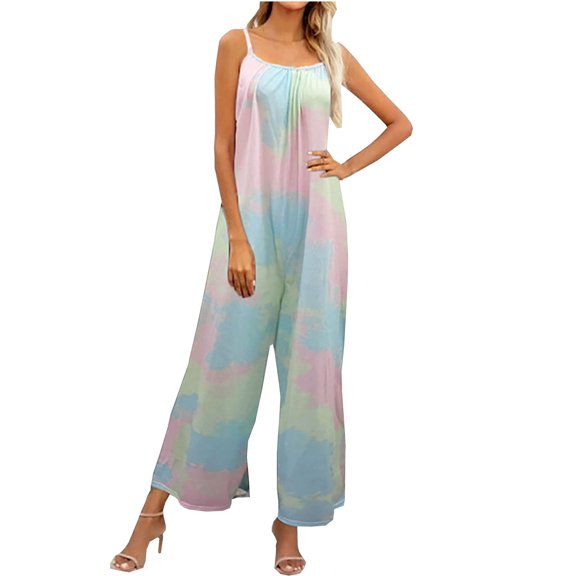 Romper for Women Casual Printed Spaghetti Straps Boho Wide Leg Pants Jumpsuit Loose Comfy Summer Beach Jumpsuit