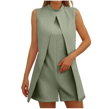 Romper for Women Summer Office High Neck Front Split Tops Short Jumpsuit Waist-Slimming Zip Back Work Formal Outfits, Army Green, L