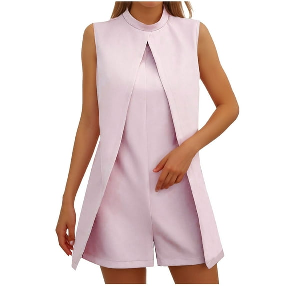 Romper for Women Summer Office High Neck Front Split Tops Short Jumpsuit Waist-Slimming Zip Back Work Formal Outfits, Pink, L