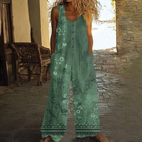 Rompers For Women 2025 Summer Casual Sleeveless Scoop Neck Short Jumpsuits Loose Fit Button Overalls With Pockets Green L