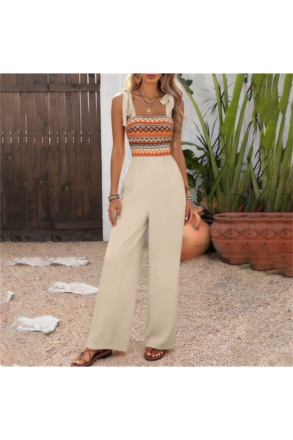 Rompers For Women Casual Embroidered Boho Spaghetti Strap Tie Waist Wide Leg Jumpsuit 1 Piece For Vacation