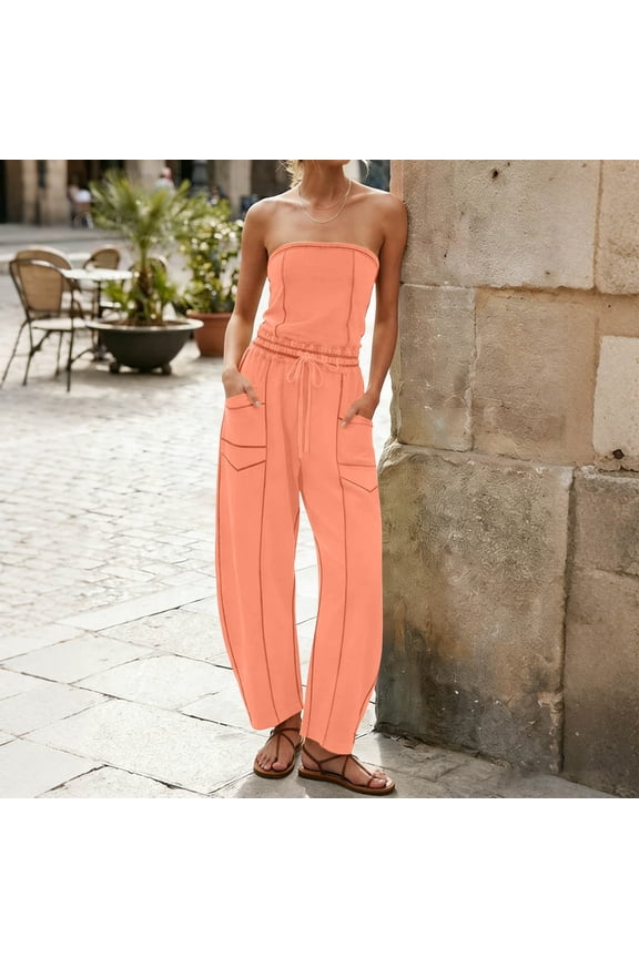 Rompers For Women Casual Strapless Loose Wide Leg Jumpsuit With Pockets 1 Piece Romper For Summer Beach Outfit