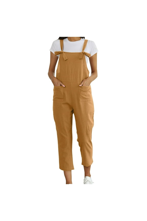 Rompers For Women Summer Pants Washed Linen Bib Jeans Overalls Ripped Linen Womens Jumpsuits Summer Romper Khaki XL