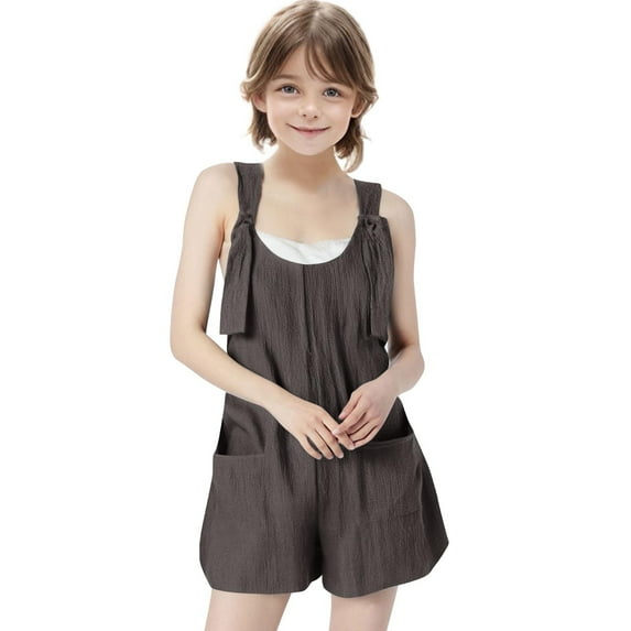 Rompers for Girl Summer Plus Size New Summer Short Rompers for Girls 2025 Sleeveless Tie Knot Strap Jumpsuit Casual Loose Overalls with Pockets Brown 9 Years