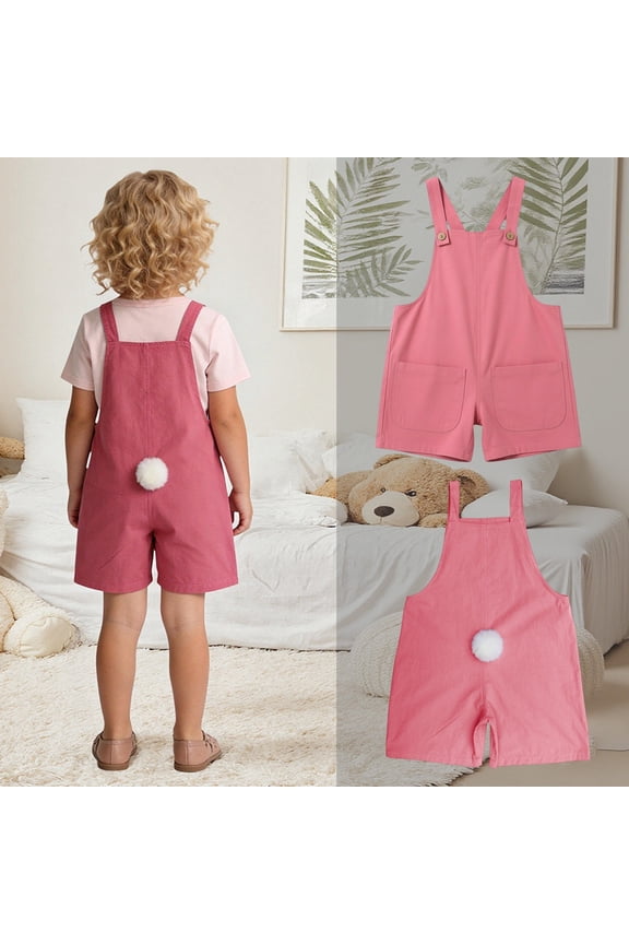 Rompers For Girls Boys Summer 2026 Jumpsuit Scoop Neck Outfit Wide Leg 1 Piece Shortalls Casual Sleeveless Spaghetti Strap Easter Tail Shorts Overalls Jumpsuit Pockets 1Y-5Y Pink,110=3-4Y