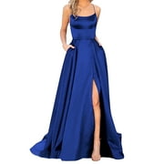 AZZAKVG Rompers Sexy Formal dresses Party Dress For Women Prom Dresses Ladies Long Elegant Halter Backless DressesCrisn Satin Spaghetti Side Slit Wedding Evening With Pockets Blue