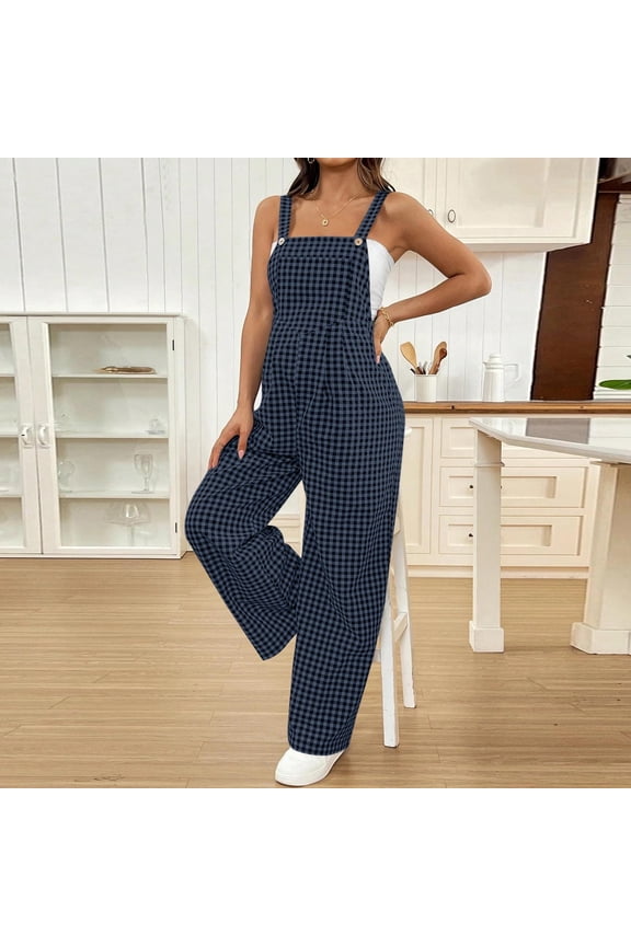 Rompers for Women Plus Size Maternity Plaid Print Jumpsuit Women's Wide Leg Overalls with Adjustable Straps Casual One Piece Pants Outfits for Pregnancy Daily Outdoor Blue M